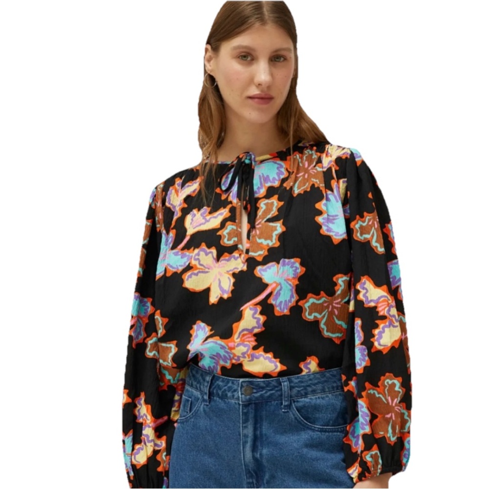 Compania Fantastica Aubrey Blouse Black Multicolor Leaf Print Size Large